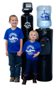 Kids beside a water bottle