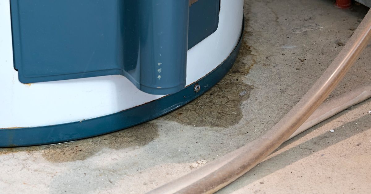 A water heater tank with a small pool of water on the concrete around its base.