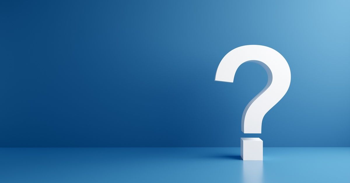 A prominent question mark in bold font set against a blue gradient background.