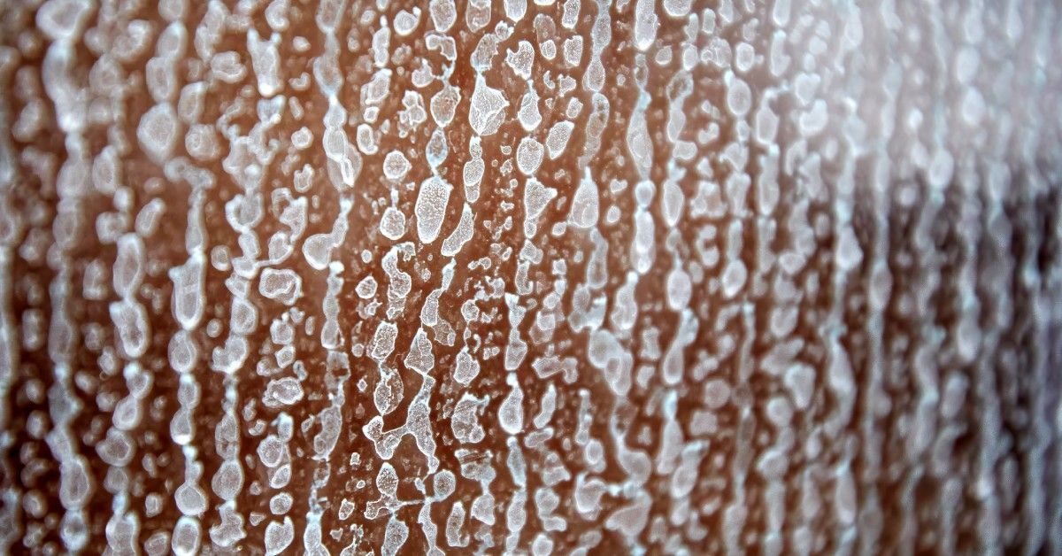 A glass surface covered in a thick, crusty layer of white limescale.