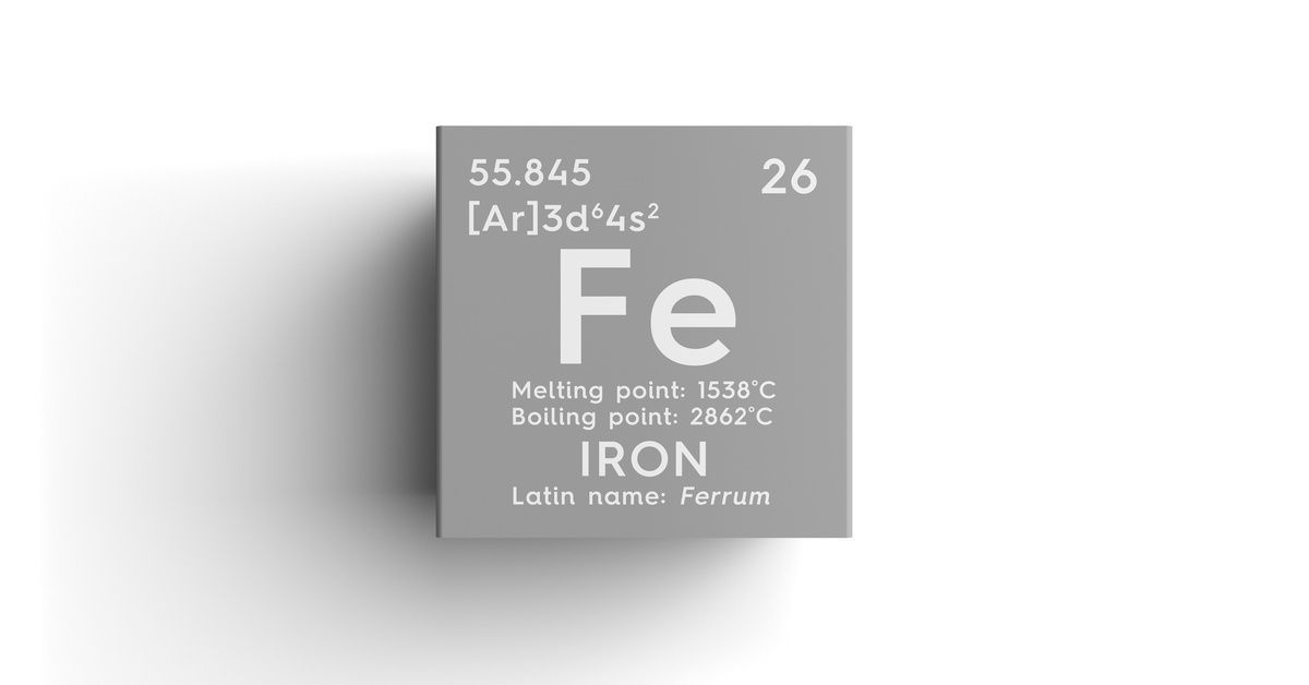 A gray square containing information, such as the Latin name and melting point, on the element iron.