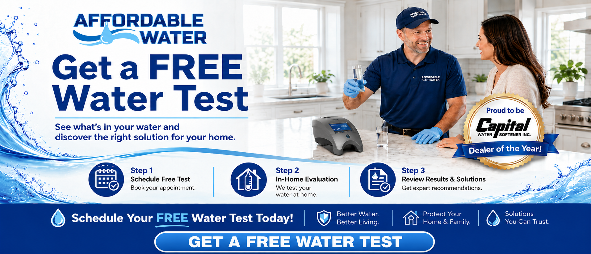 Affordable Water banner with a technician offering a free water test to a customer in a kitchen.