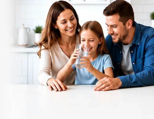 Smiling family at a table, sharing a glass of water in a bright kitchen