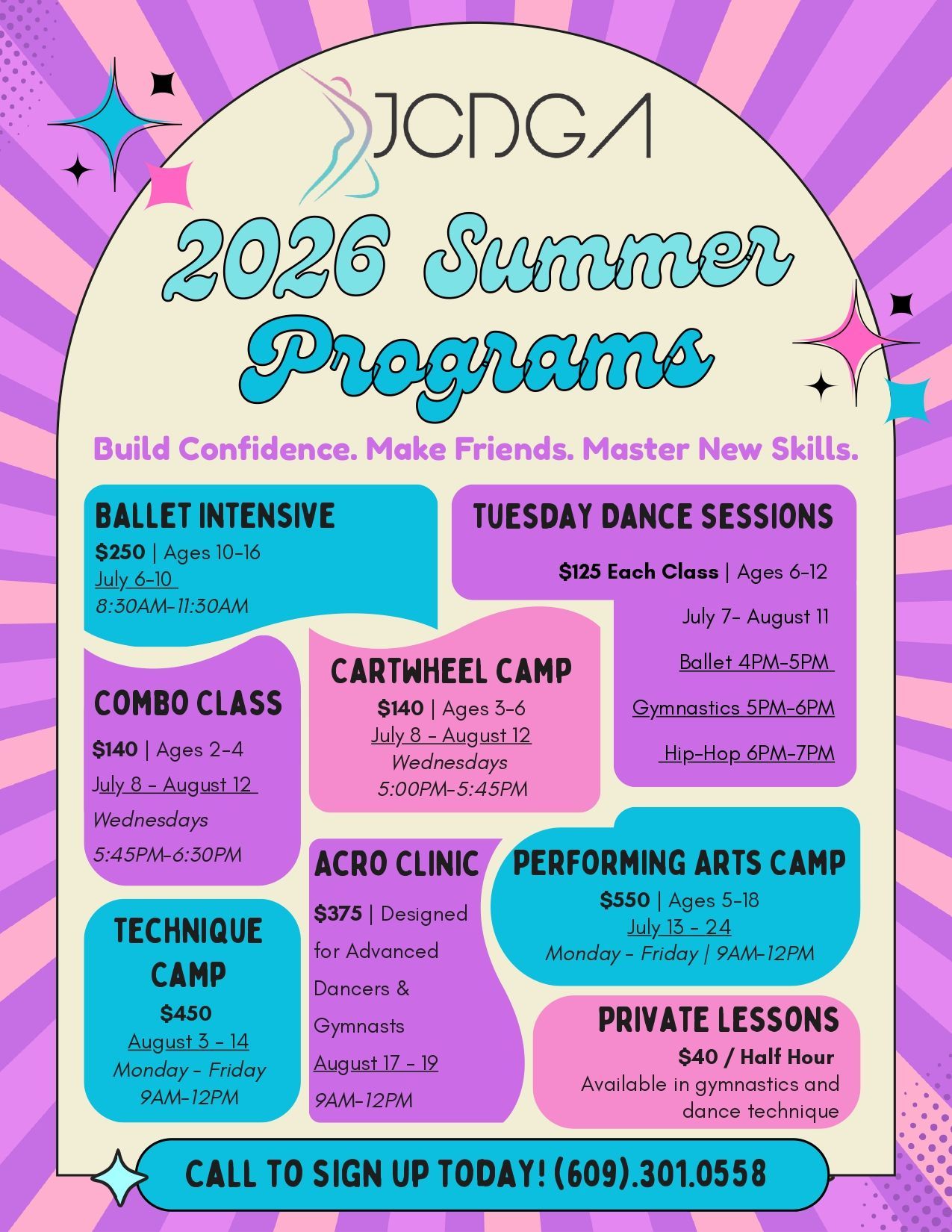 JCDG 2026 Summer Programs flyer with colorful dance camp and lesson offerings on a pink-purple starburst background