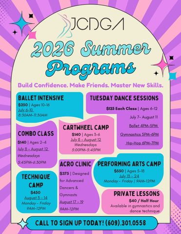 JCDG 2026 Summer Programs flyer with colorful dance camp and lesson offerings on a pink-purple starburst background