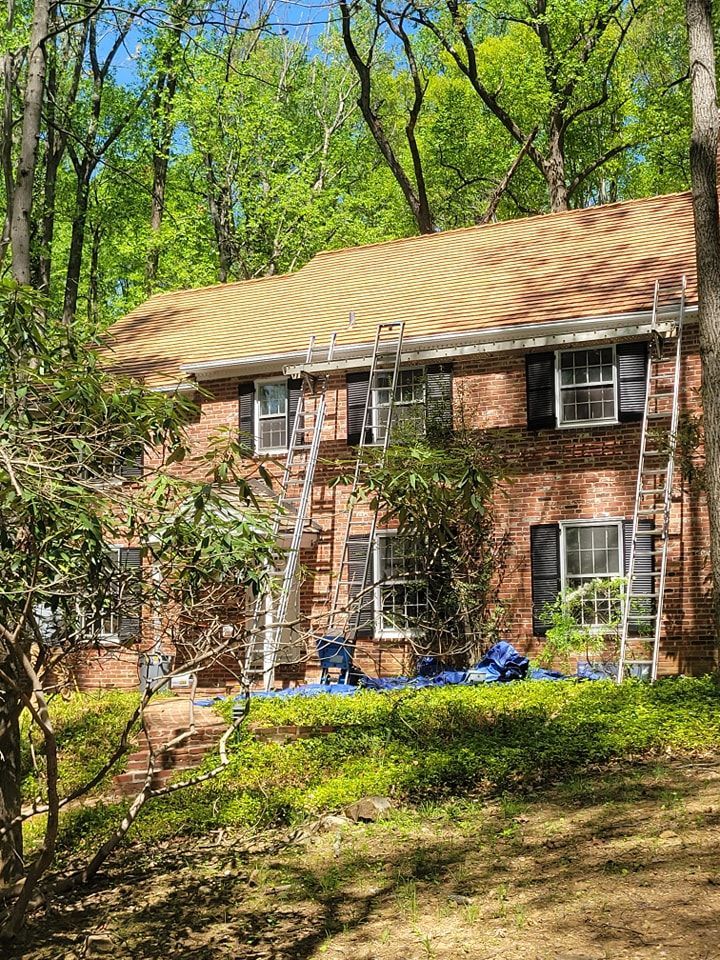 Brick house with ladders against the roof, surrounded by trees.