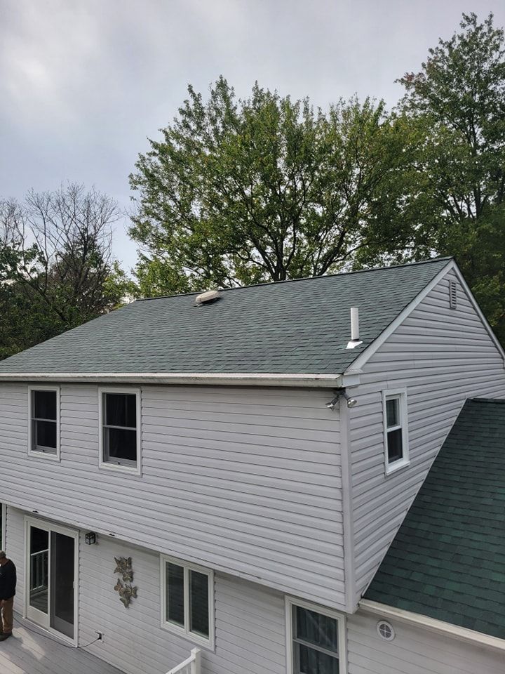 Two-story house with green shingles, light gray siding, and a tree backdrop under a cloudy sky.