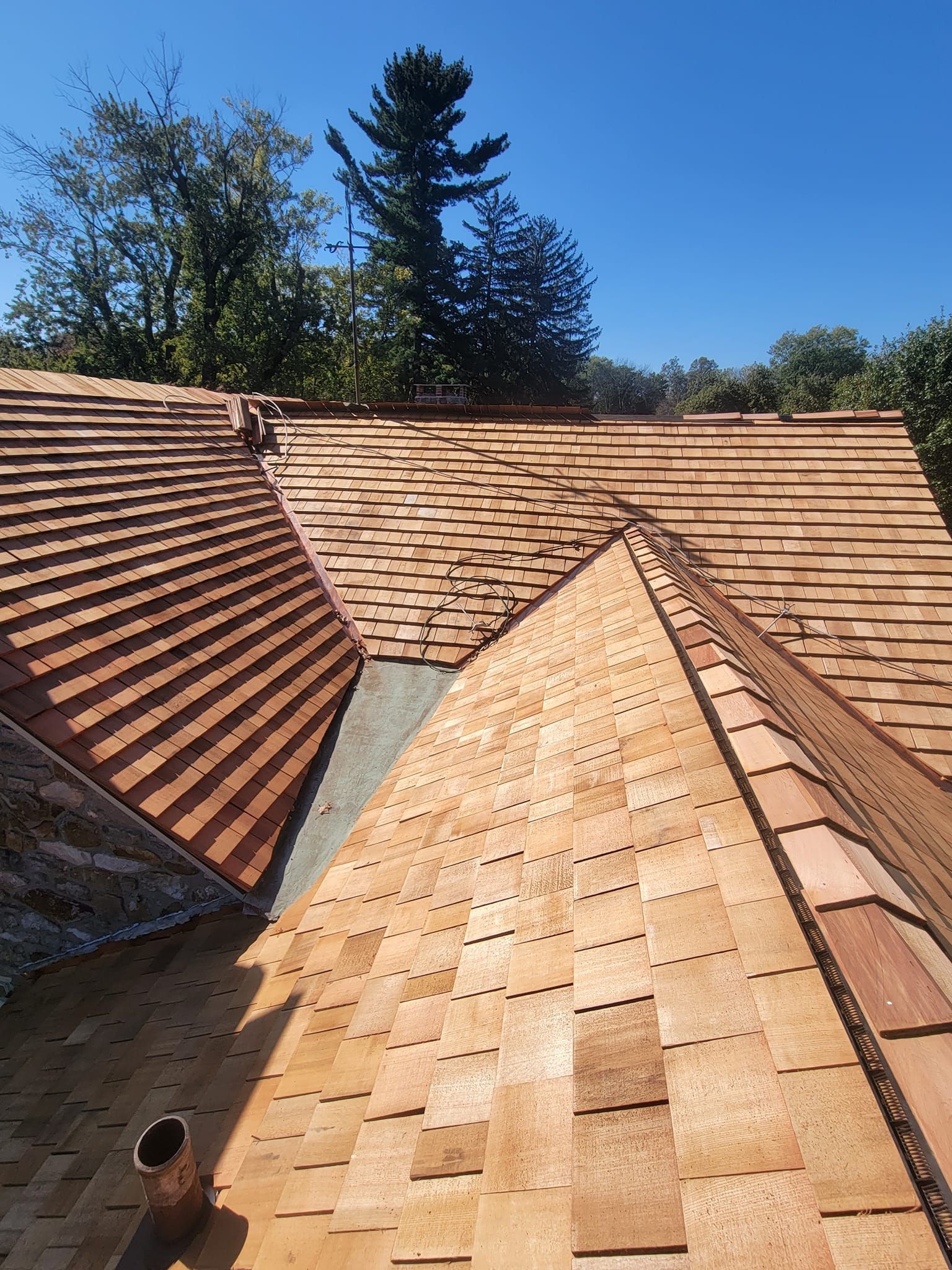 Newly installed cedar shake roof with clear blue sky backdrop.