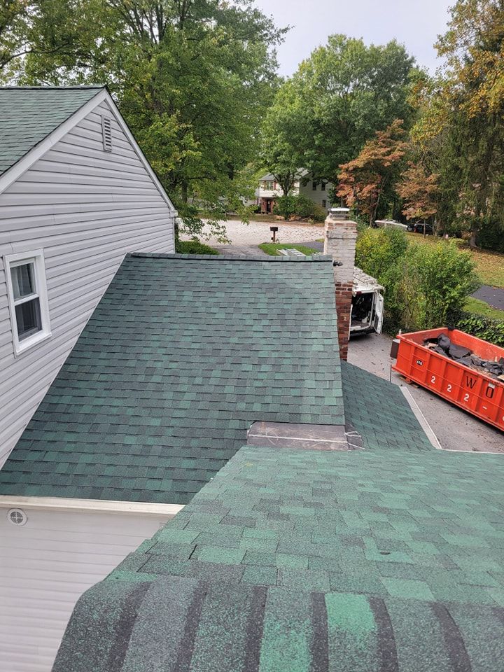 Green asphalt shingle roof on a house, angled view, with a red dumpster nearby.