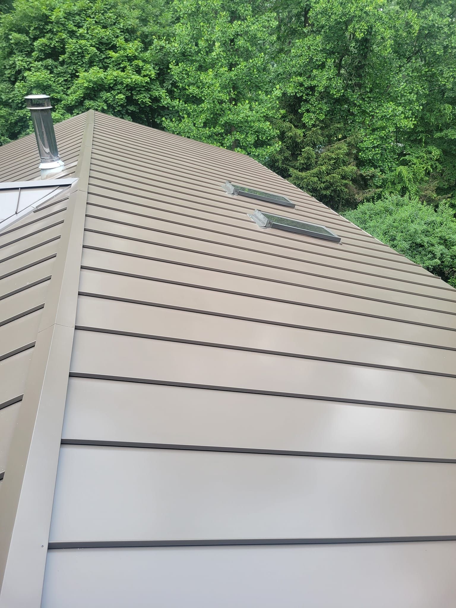 Tan metal roof with horizontal lines, chimney, and circular vents, green trees in background.