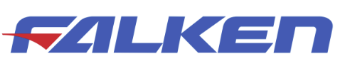 Falken logo: blue wordmark with a red arrow and line element.