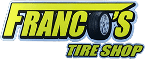 Logo for Franco's Tire Shop: yellow text with a tire icon, a silver outline on a blue background.