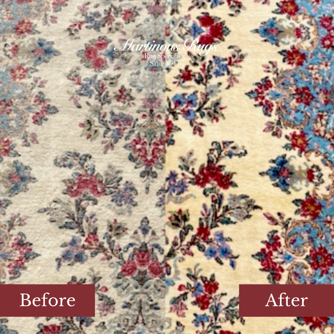 Comparison of a floral rug before and after cleaning, showing brighter colors and stain removal.