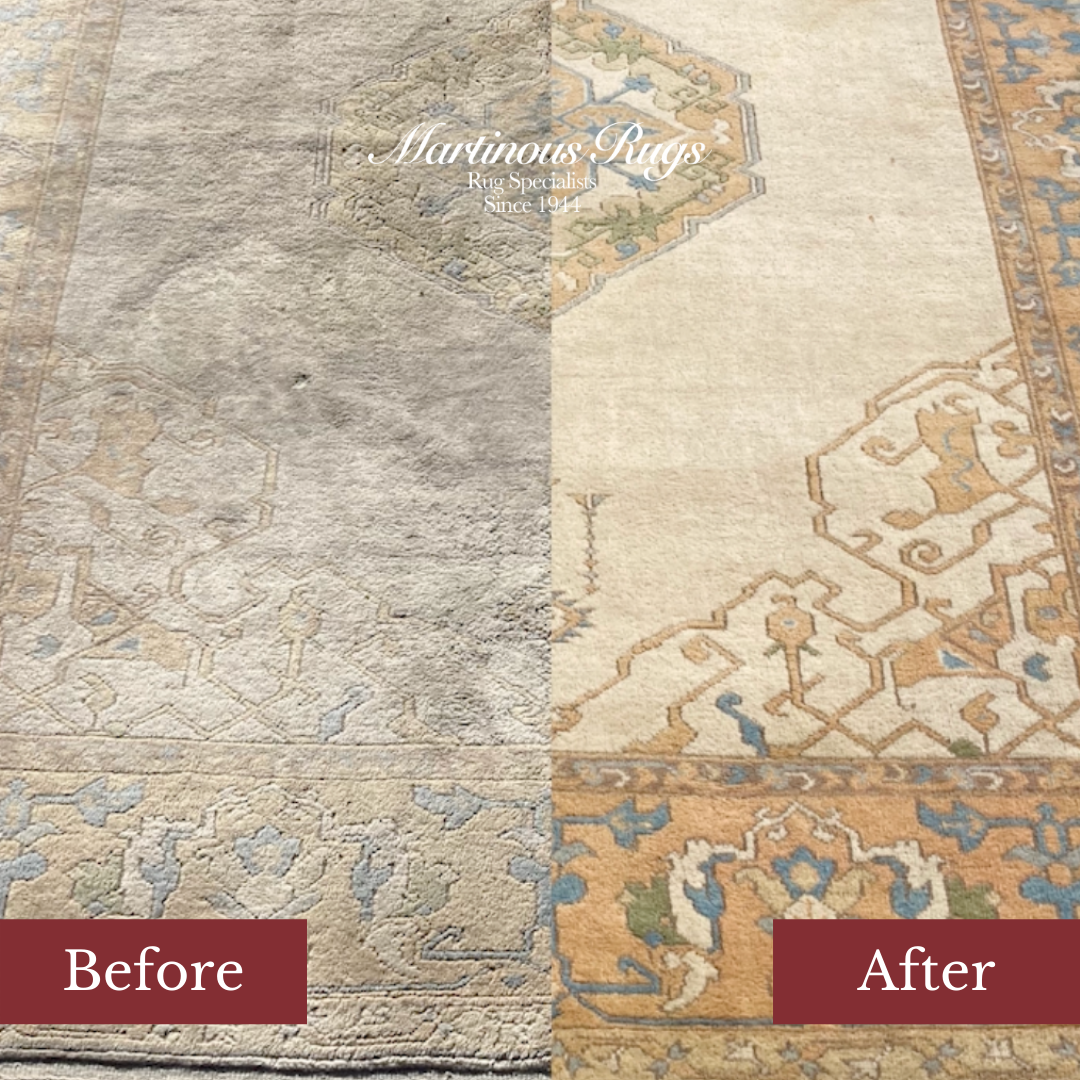 Comparison of a dirty rug before and after cleaning, showcasing vibrant colors restored.