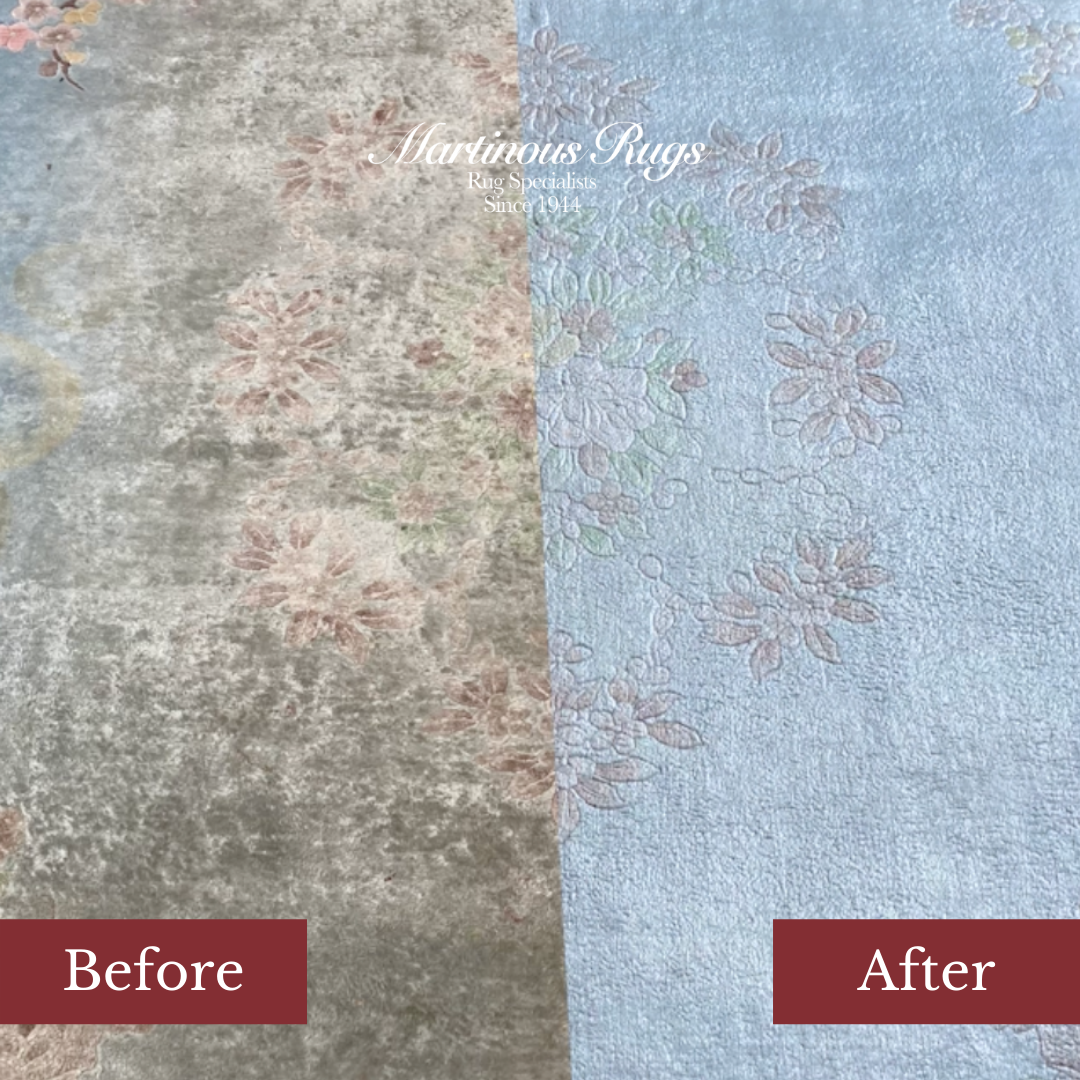 A rug before and after cleaning: stained, muted colors on the left, vibrant blue and pink floral design on the right.