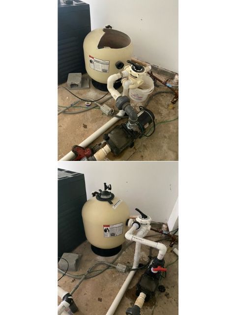 Two views of a pool filter system with sand filter, pump, and plumbing on a concrete floor