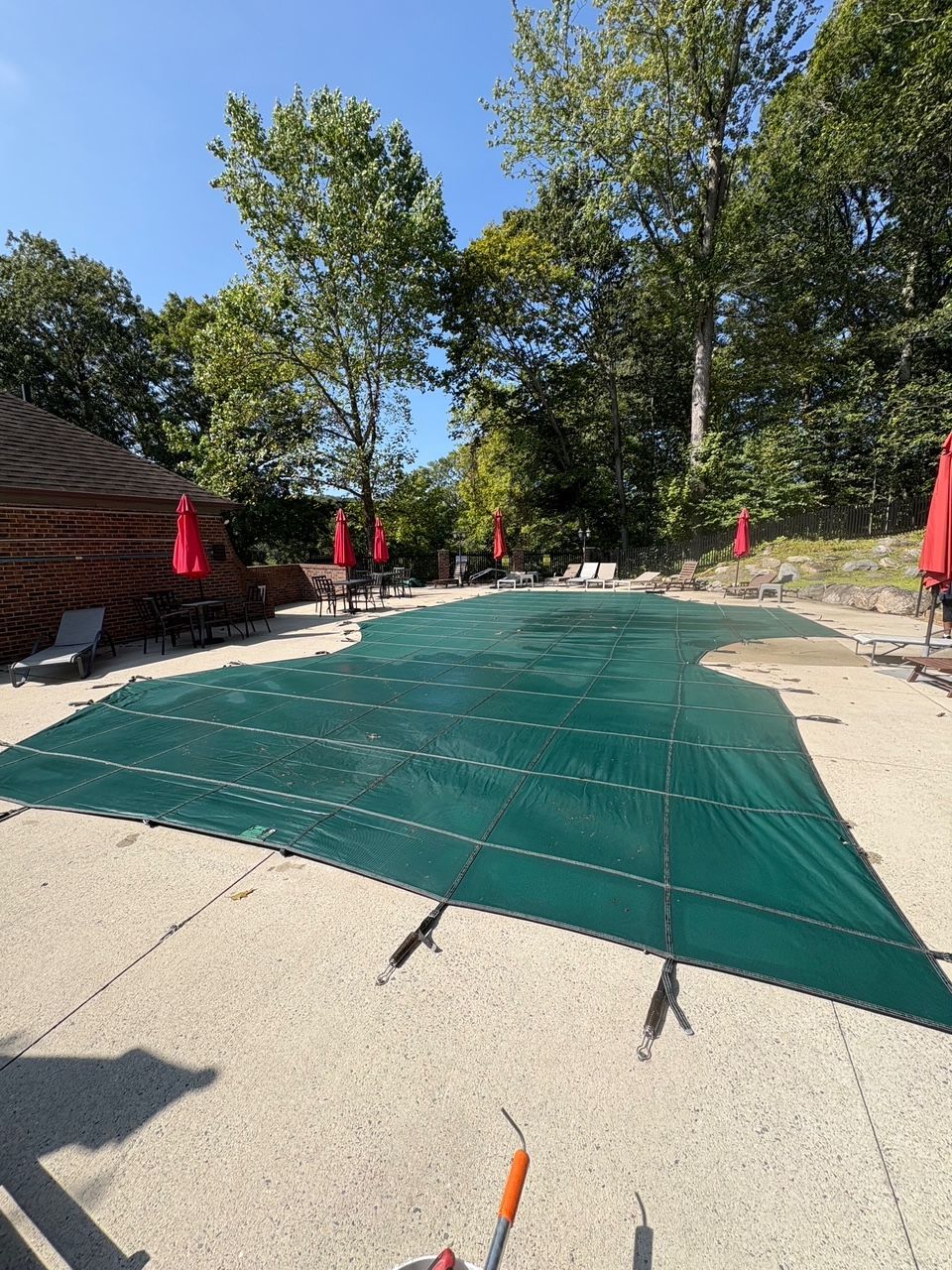 Green pool cover on a concrete patio with red umbrellas and trees in the background