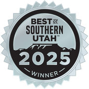 Best of Southern Utah 2025 Winner badge, silver and black, featuring a desert landscape and the award year.