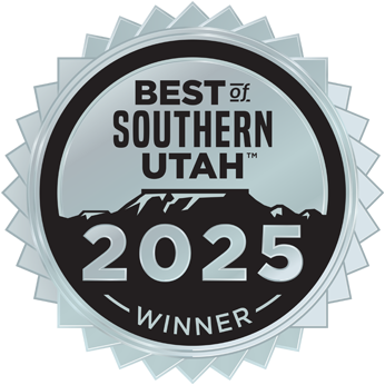 Best of Southern Utah 2025 Winner badge, silver and black, featuring a desert landscape and the award year.