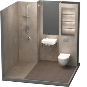A modern bathroom model shows a shower, toilet, sink, mirror, and storage; beige and brown tones.