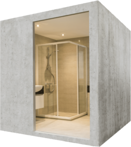 Concrete cube with a shower stall inside, a sink, and bright lighting.