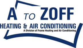 Logo for A to Zoff Heating & Air Conditioning. Blue text on white background with a curved blue line.