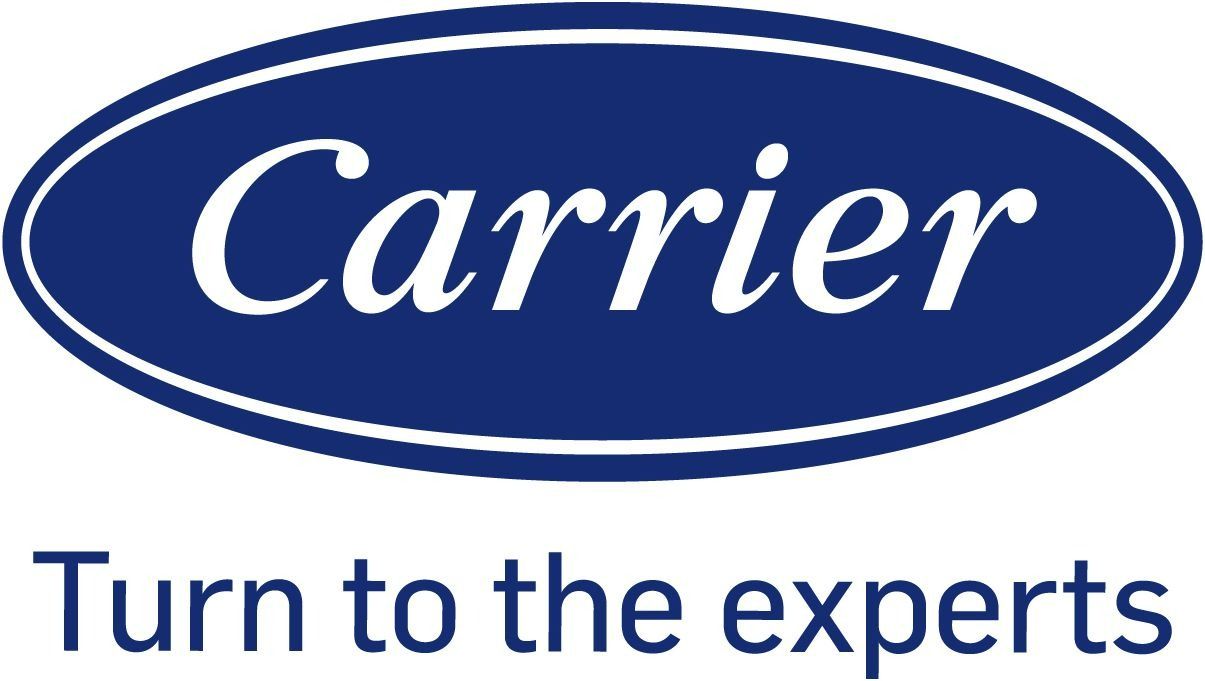 Carrier logo, blue oval with white text and tagline: 