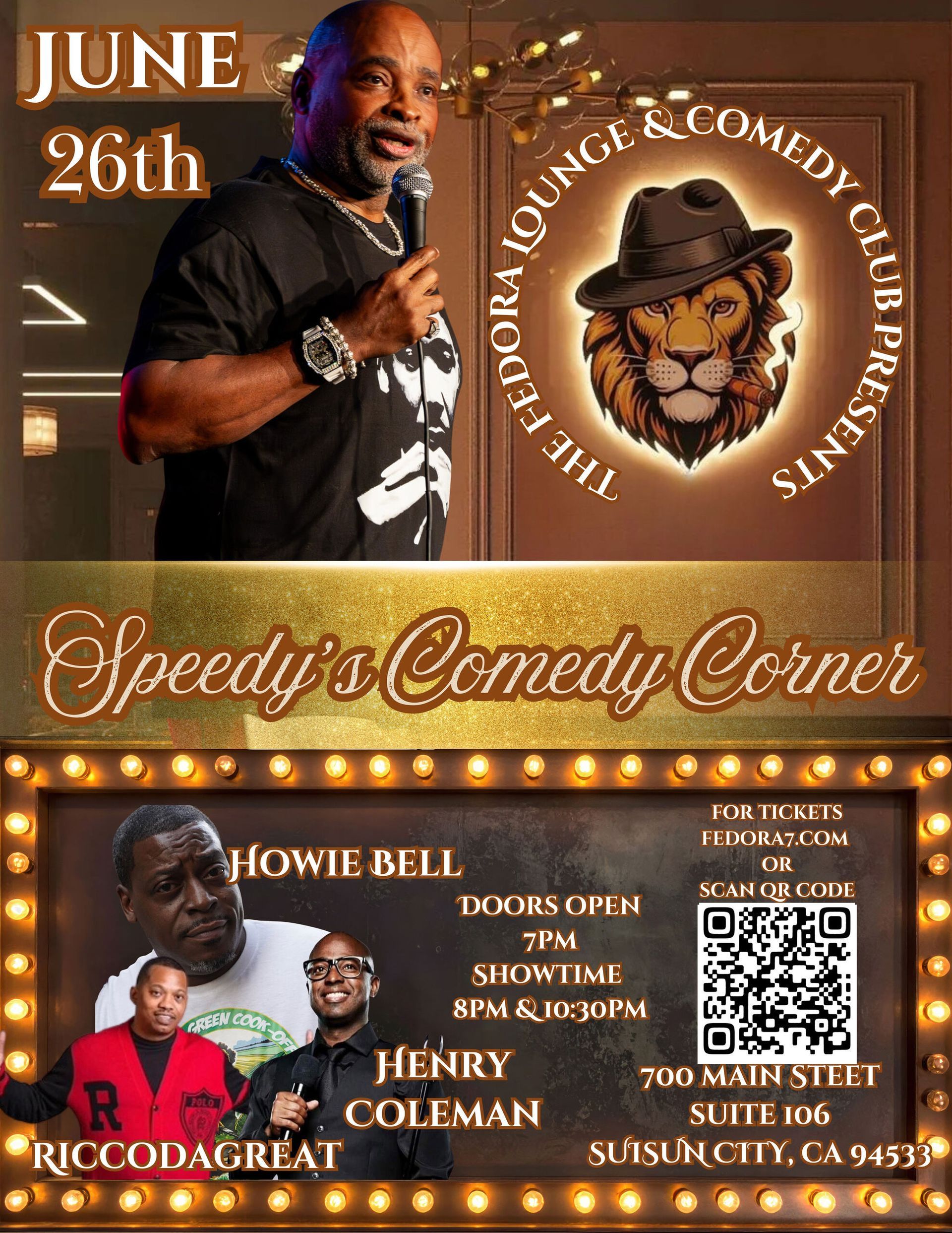 June 26 comedy show poster for Speedy's Comedy Corner with host photo, lion logo, and performer lineup/details