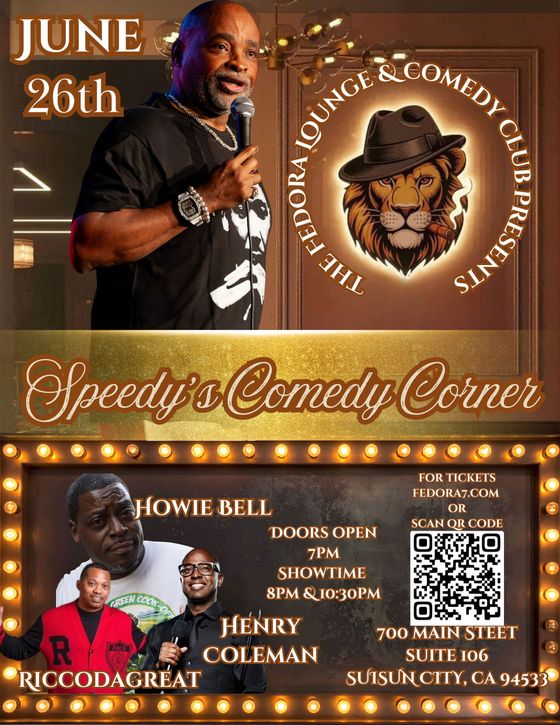 June 26 comedy show poster for Speedy's Comedy Corner with host photo, lion logo, and performer lineup/details