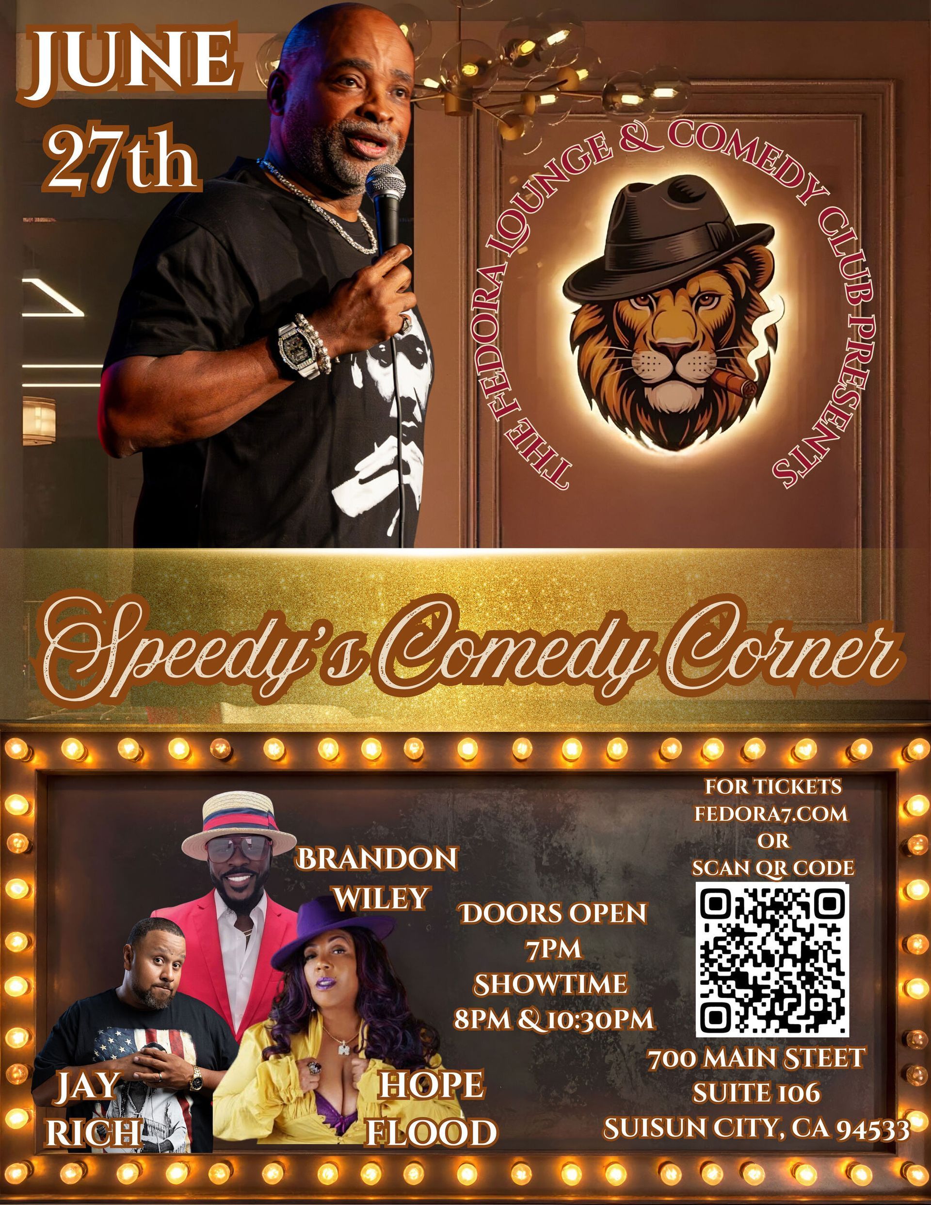 Comedy show flyer with performer, lion logo, and event details for Speedy’s Comedy Corner on June 27.