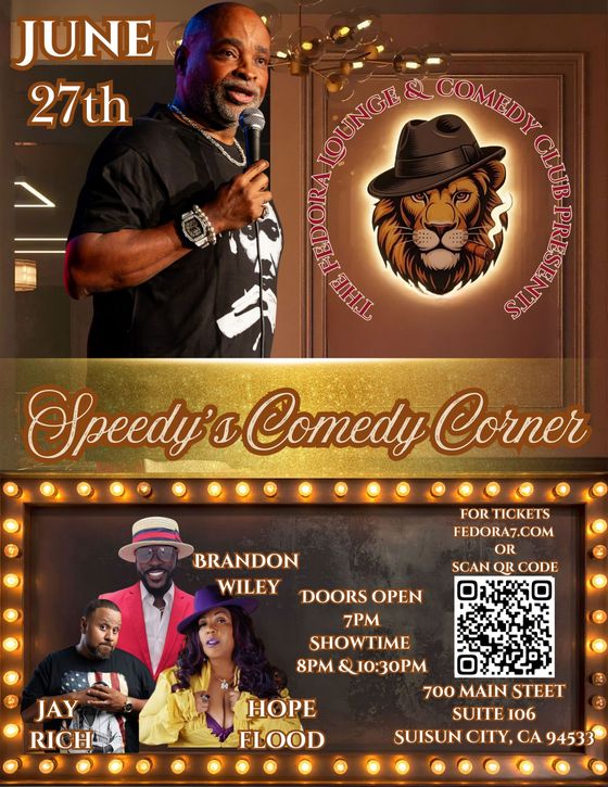 Comedy show flyer with performer, lion logo, and event details for Speedy’s Comedy Corner on June 27.