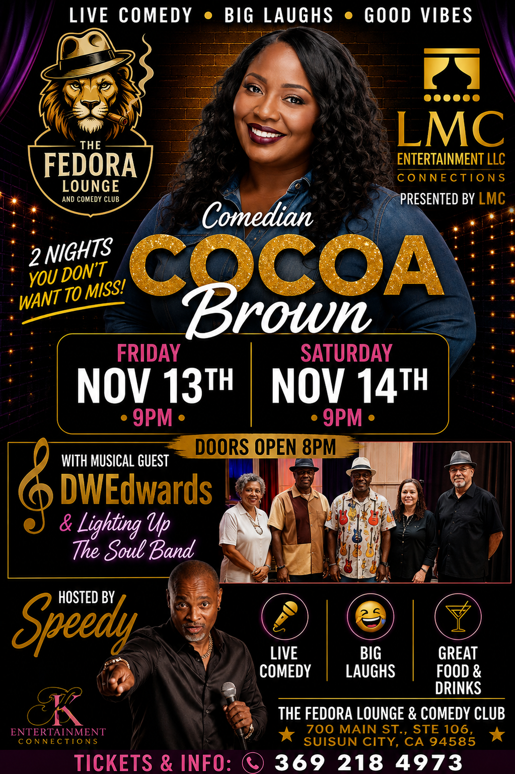 Comedy event poster for Cocoa Brown at Live Comedy, with dates, lineup, and tickets info