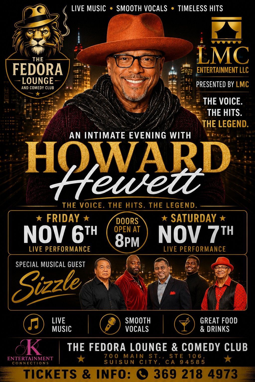 Howard Hewett live at Fedora Lounge & Comedy Club, Nov. 6-7, with special guests and ticket details.