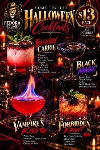 Halloween cocktail menu with four colorful drinks: Bloody Carrie, Black Magic, Vampire's Kiss, and Forbidden Fruit.
