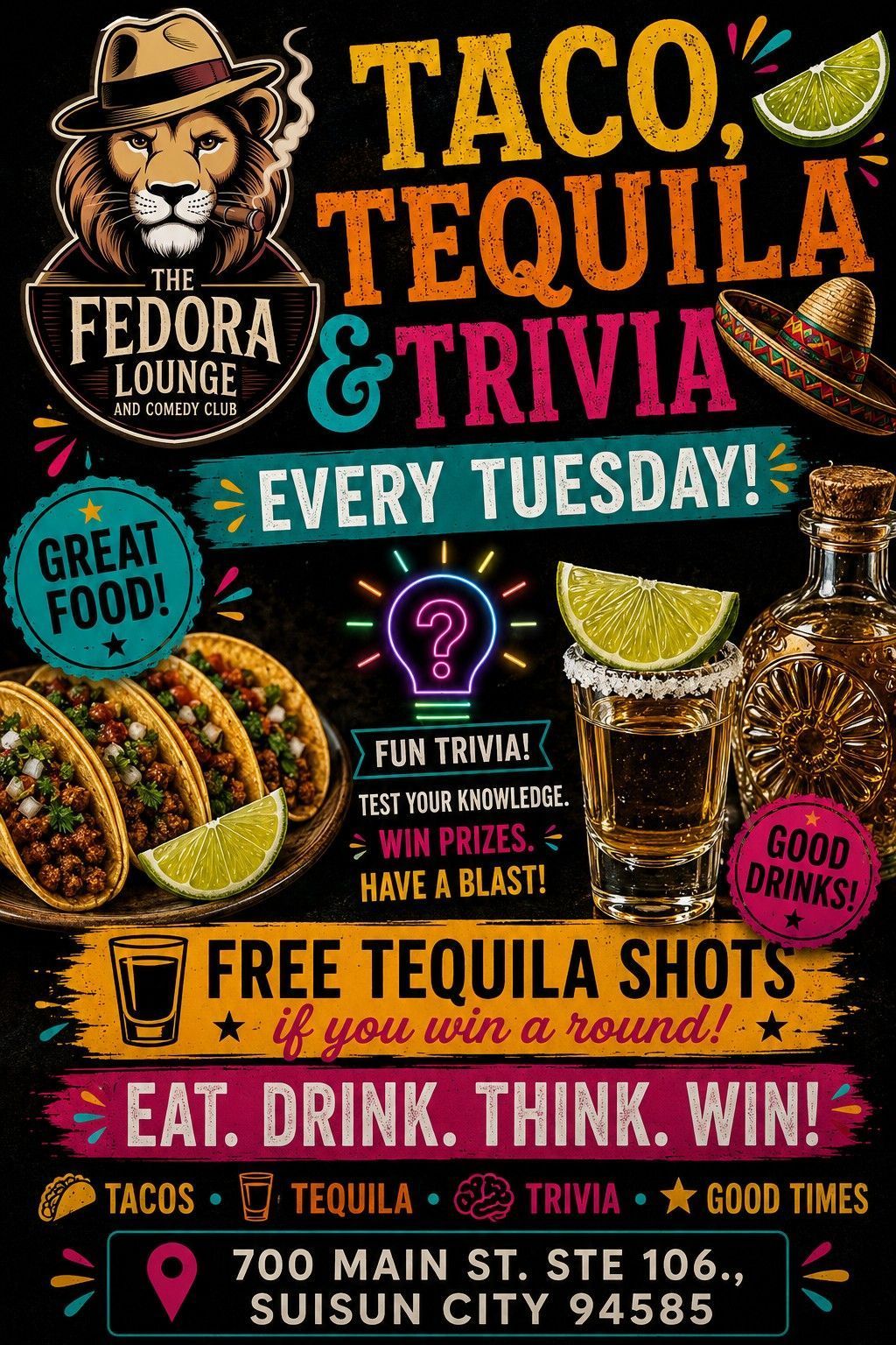 Colorful taco, tequila, and trivia night flyer for Fedora Lounge, every Tuesday with shots and specials