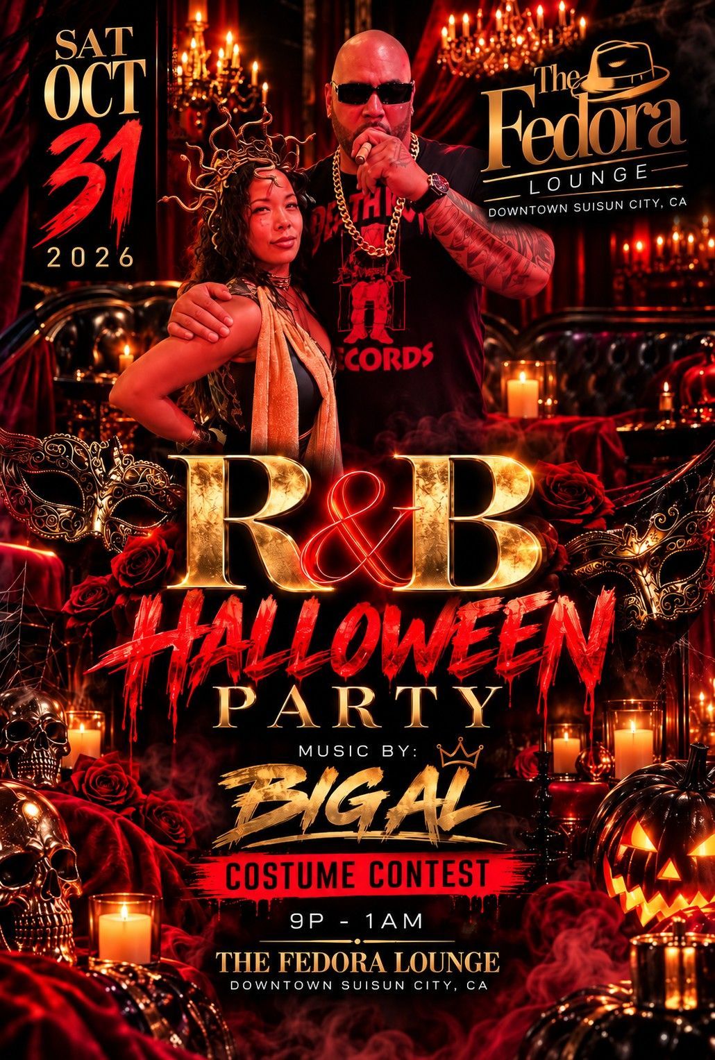 R&B Halloween party poster with two costumed figures, red and gold design, and event details at The Fedora Lounge