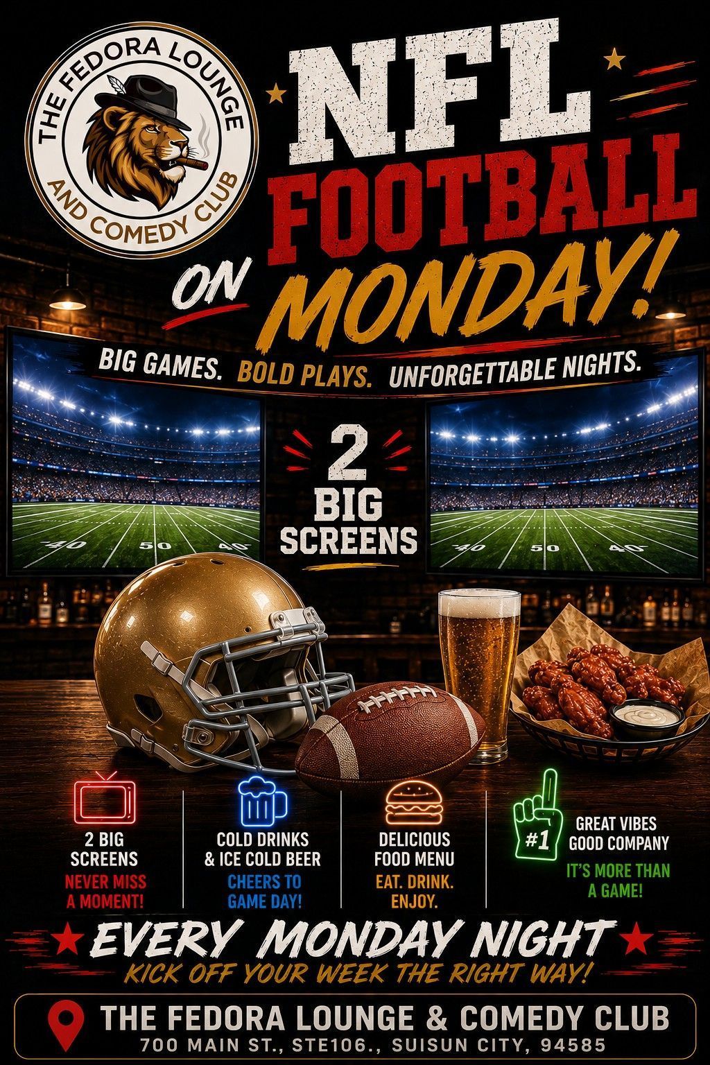 NFL Monday Night football poster with helmet, football, wings and game times at The Fedora Lounge/Comboy Club.