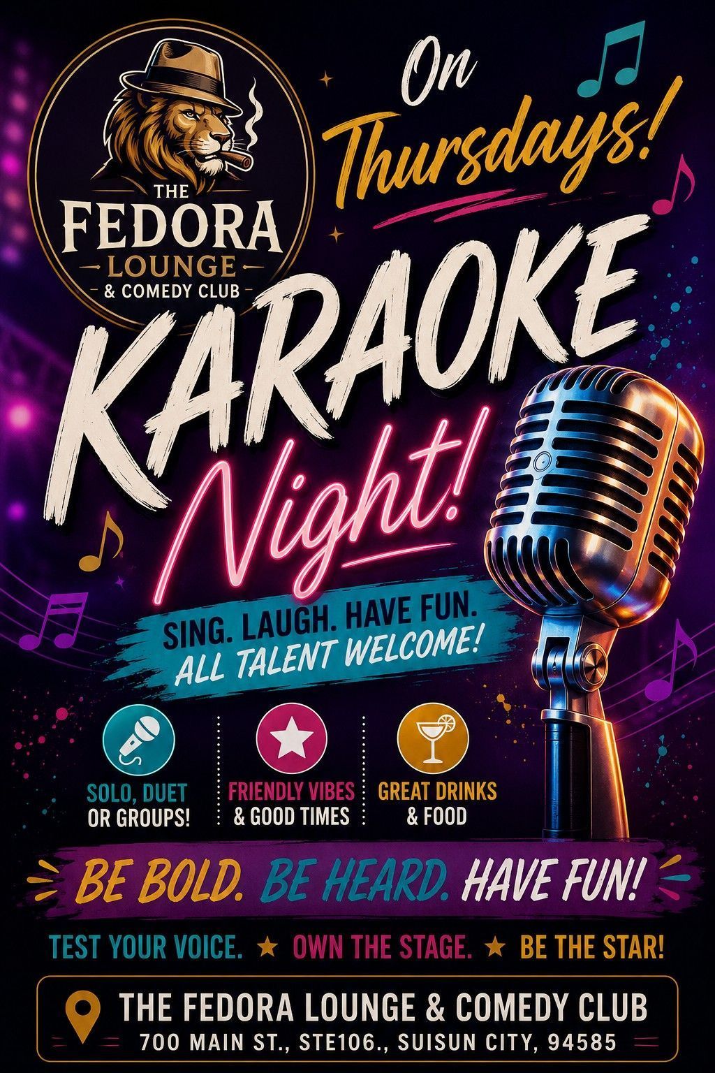 Karaoke Night poster at The Fedora Lounge, with vintage mic, neon music notes, and bold purple-pink text.