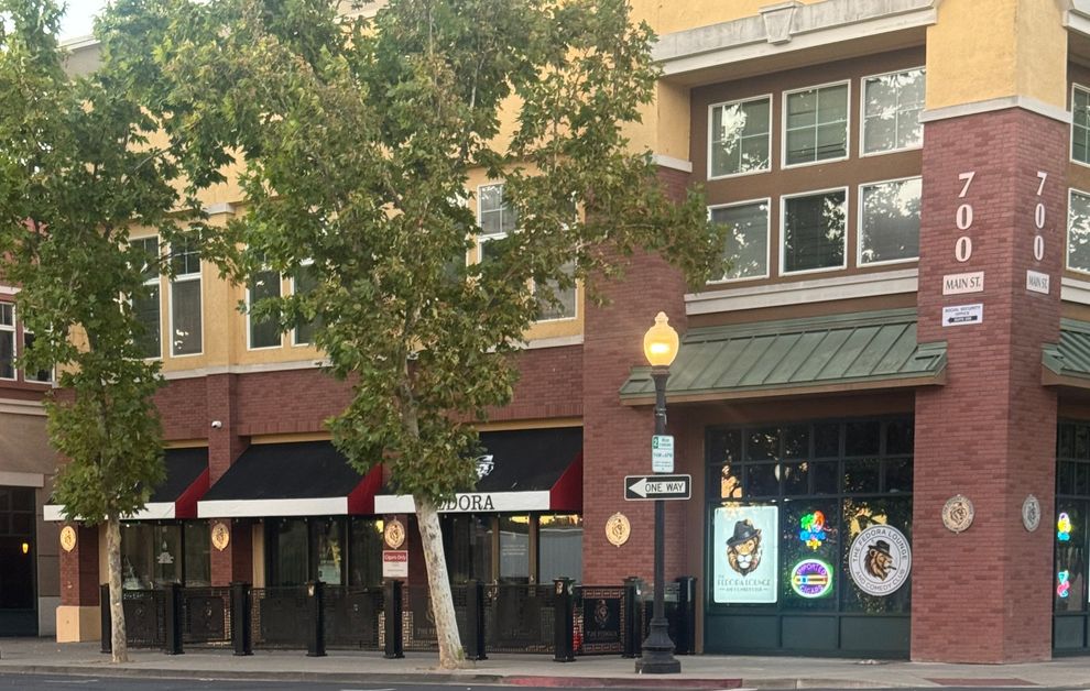 Street-level storefronts with trees, brick facades, and black awnings along a city sidewalk