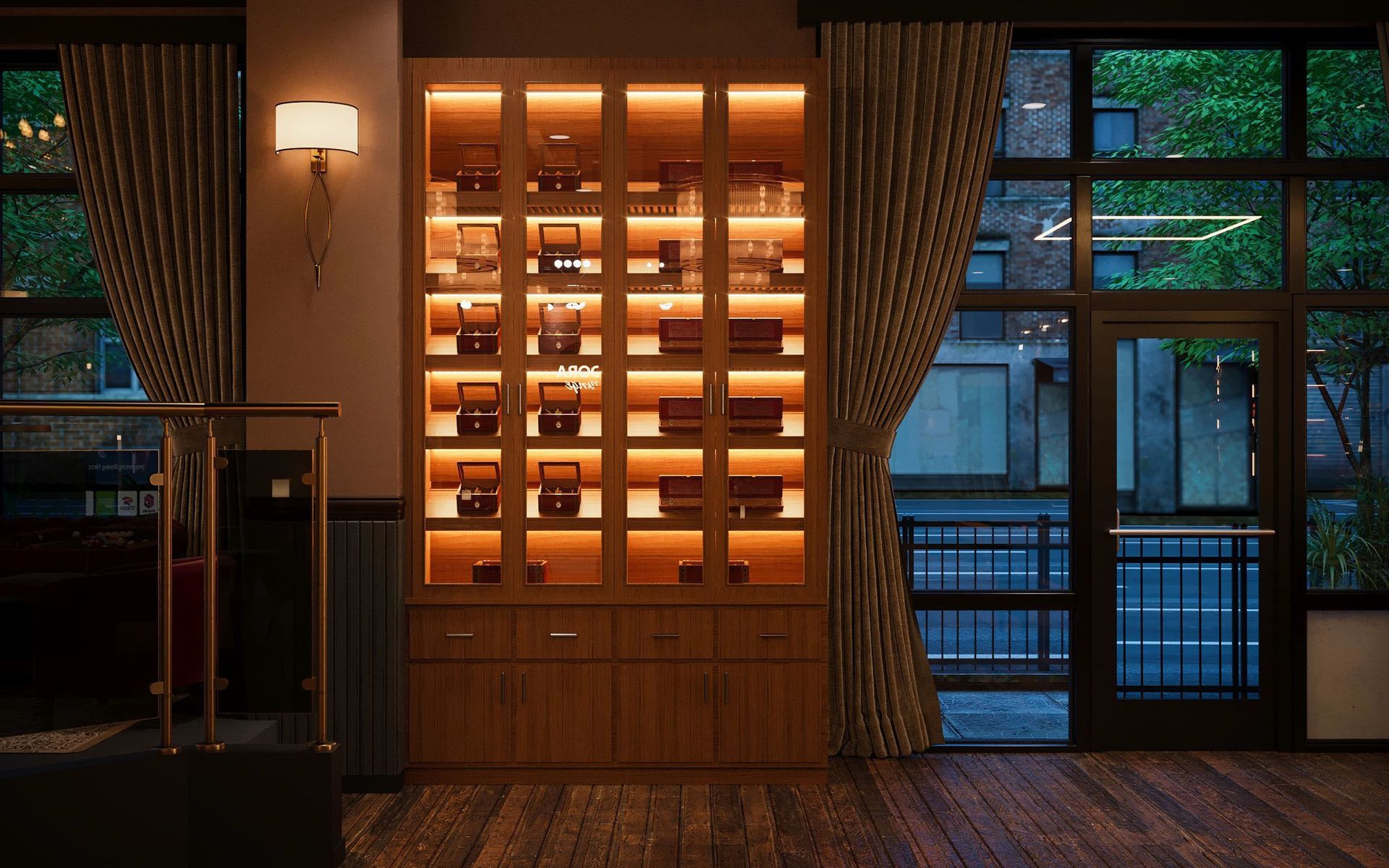 Lit display case in dimly lit interior, next to a window with street view and curtains.
