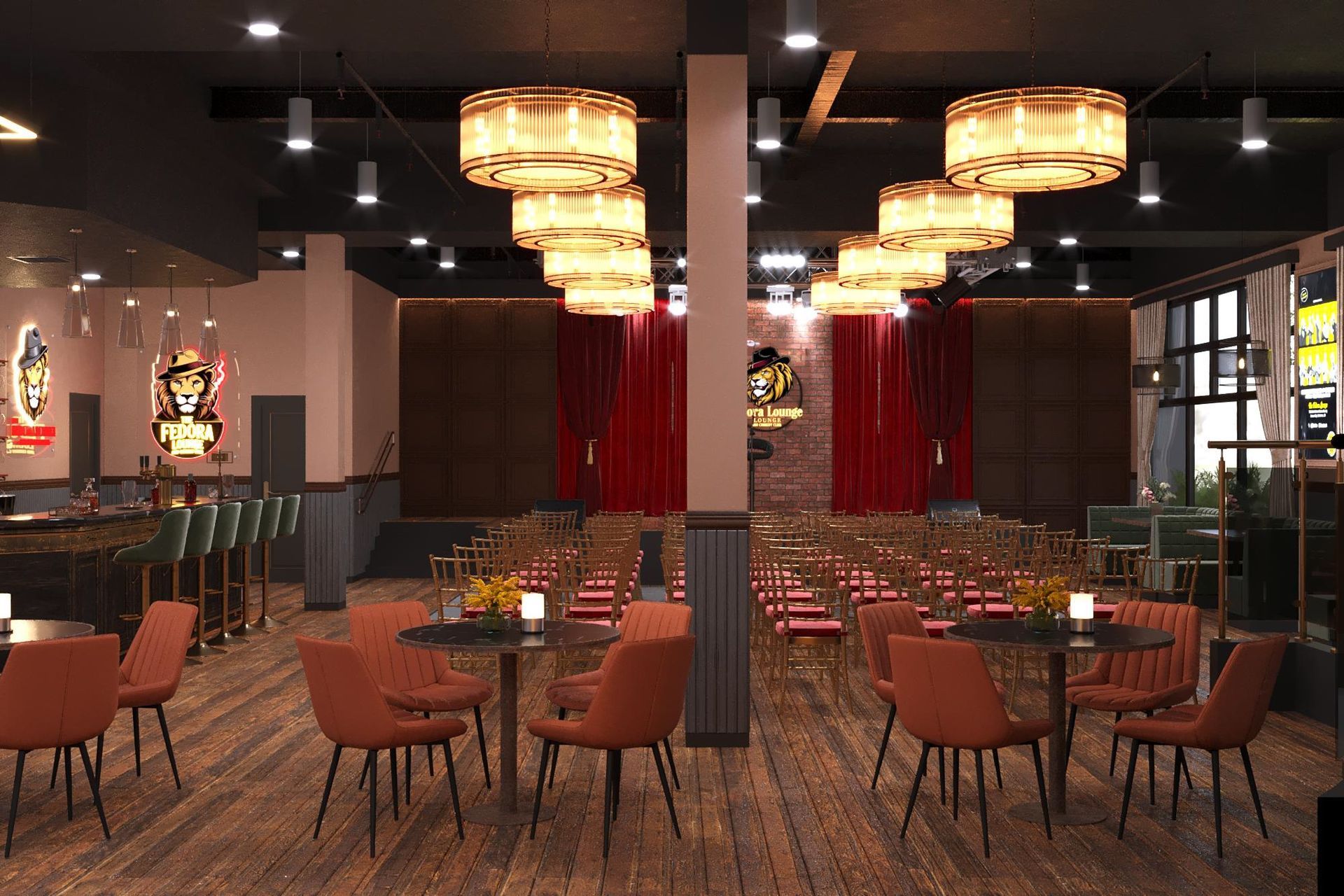 Interior of a restaurant with tables, chairs, bar, and stage with red curtains.