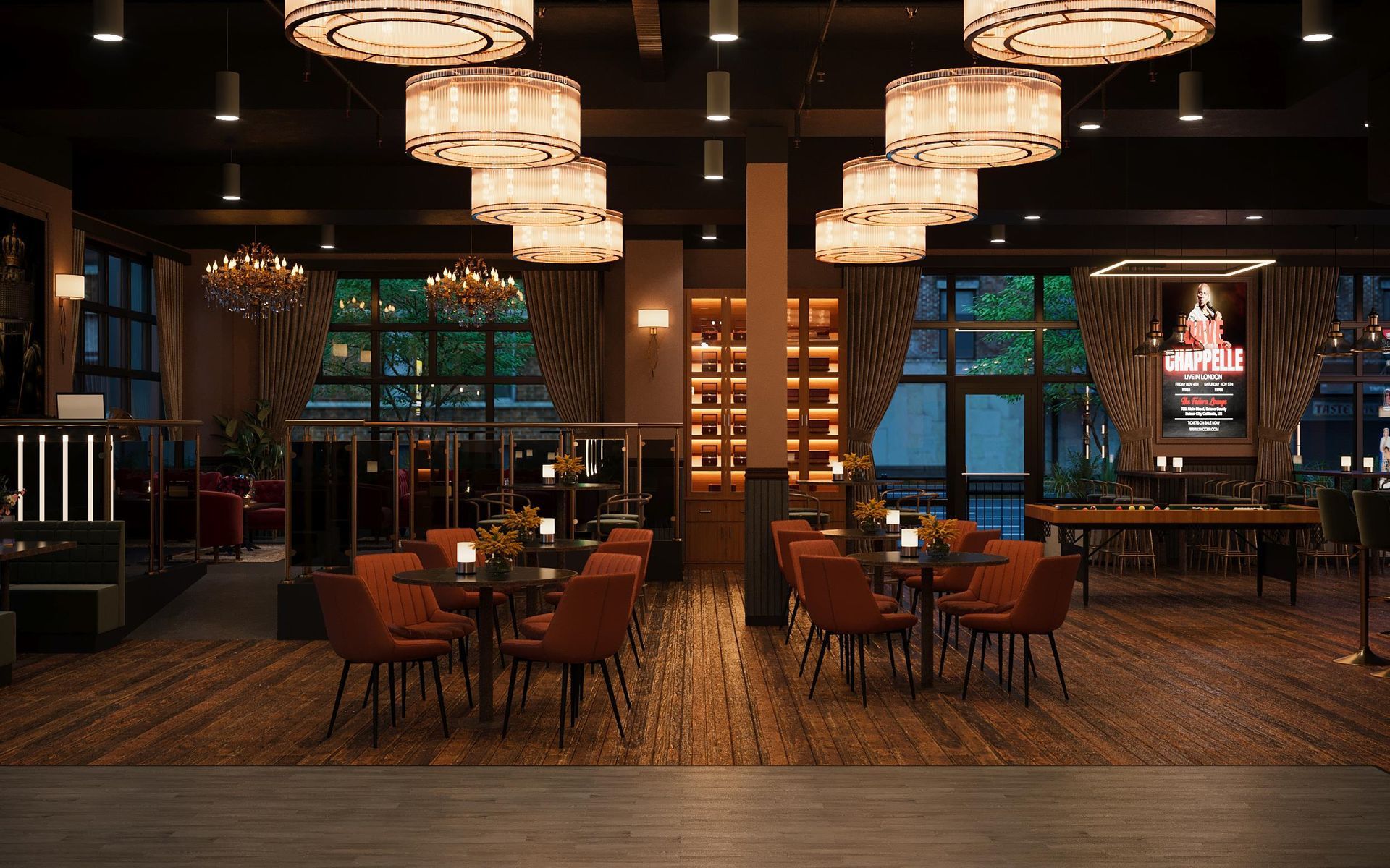 Elegant restaurant interior with orange chairs, round tables, and decorative chandeliers.