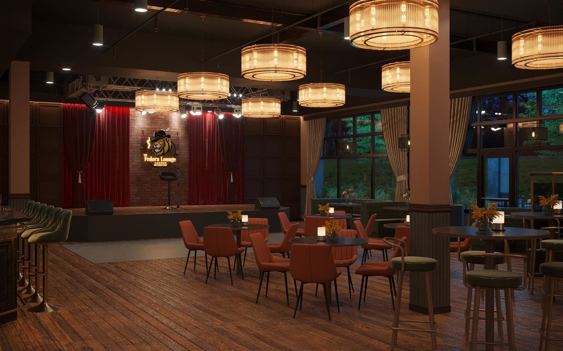 Interior of a dimly lit jazz club with a stage, tables, chairs, bar, and decorative chandeliers.
