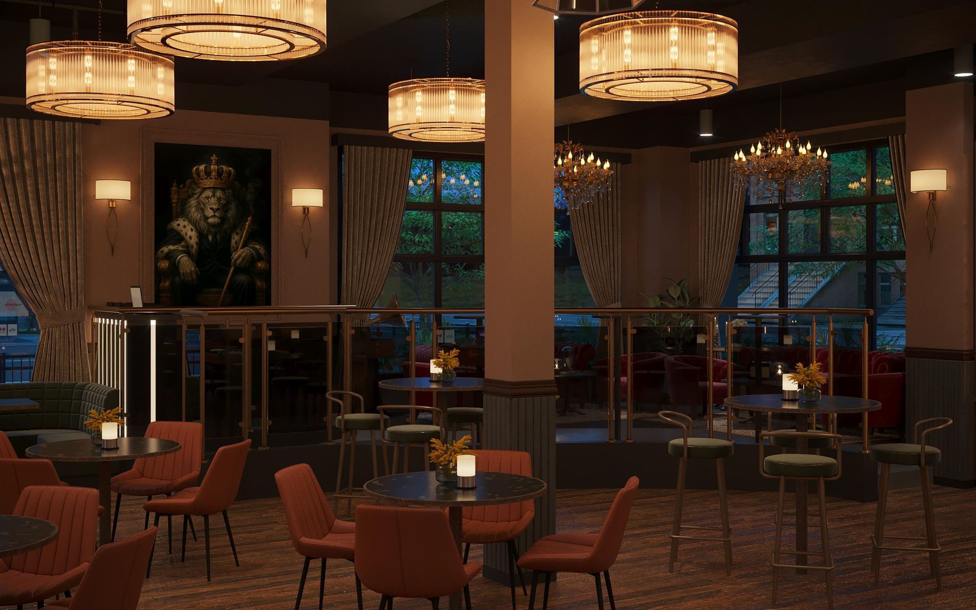 Elegant bar/lounge with round tables, orange chairs, gold accents, and chandeliers, windows in background.