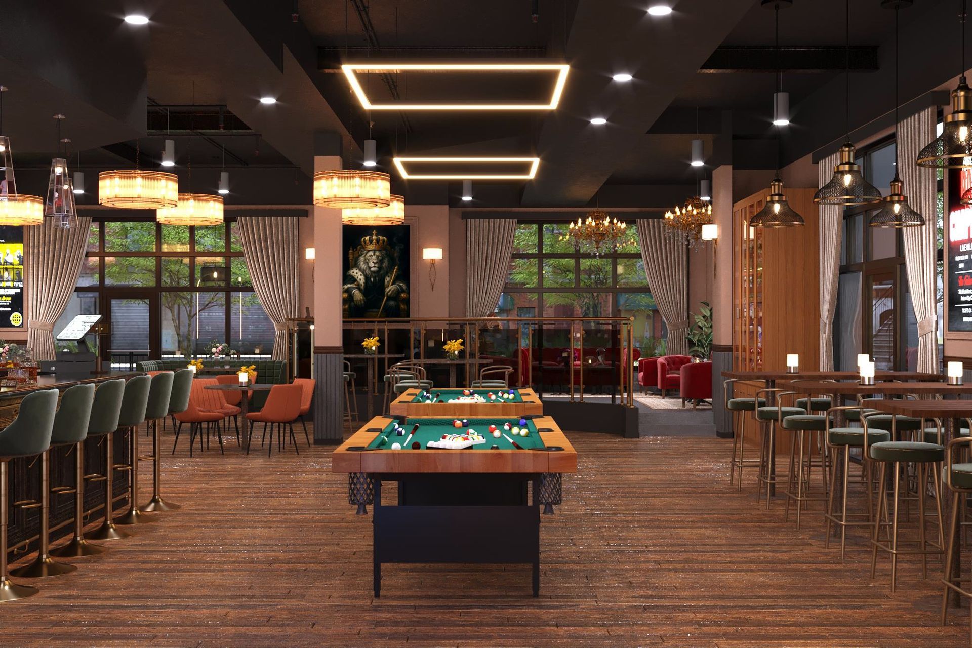 Interior of a bar with pool tables, bar stools, and outdoor views through large windows; warm lighting.