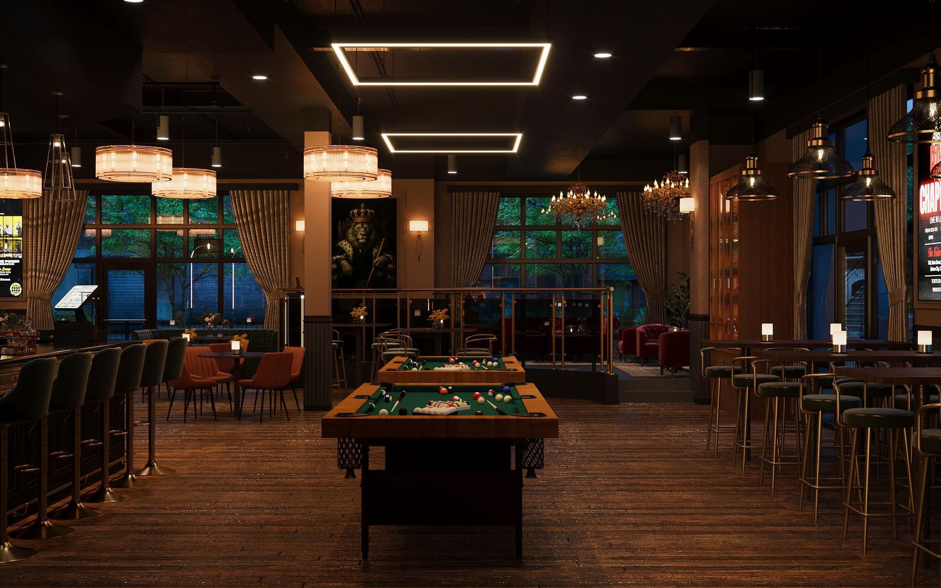 Interior view of a dimly lit bar with pool tables, stools, and tables. Decorative chandeliers and square lights.