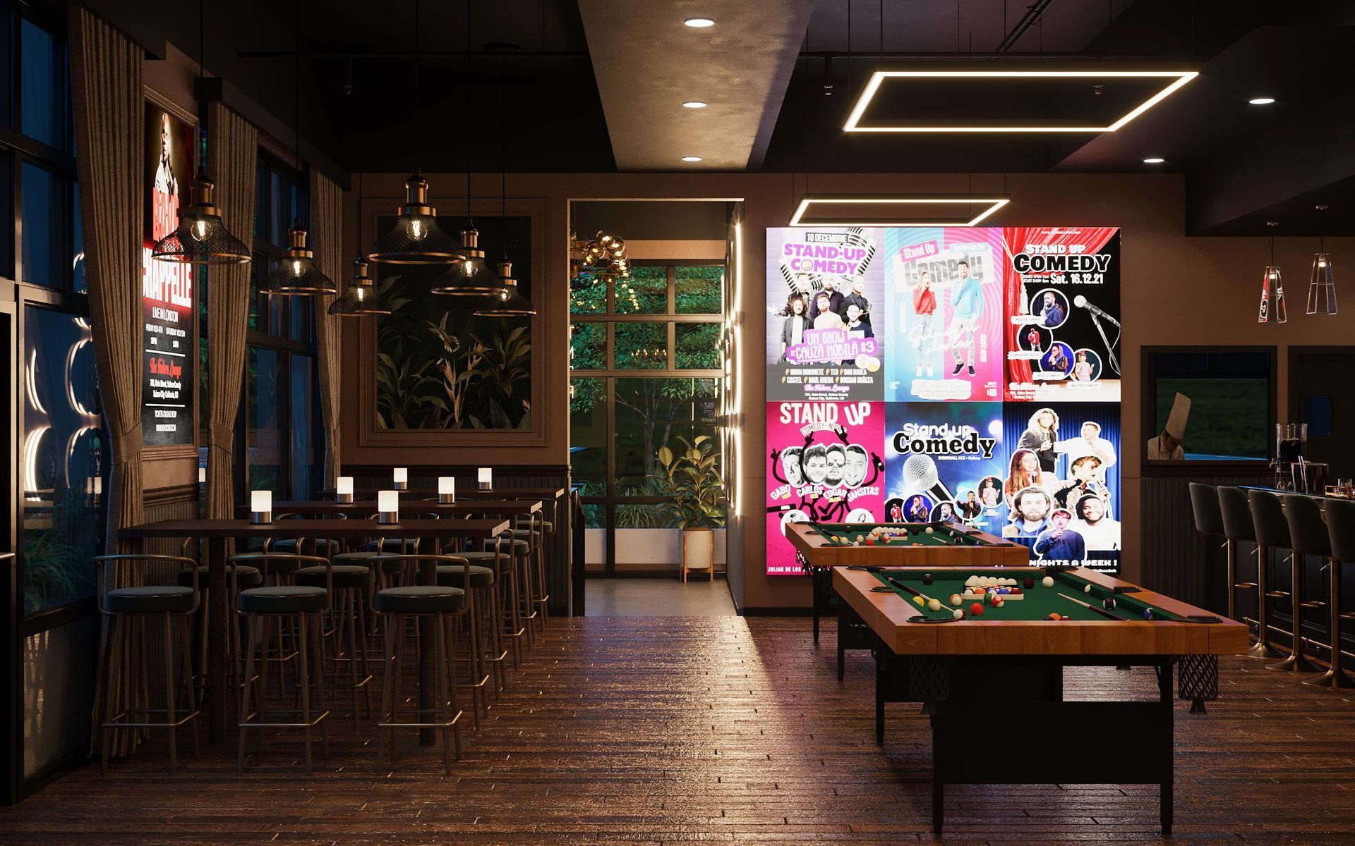 Interior of a dimly lit bar with pool tables, stools, and large movie posters on the wall.