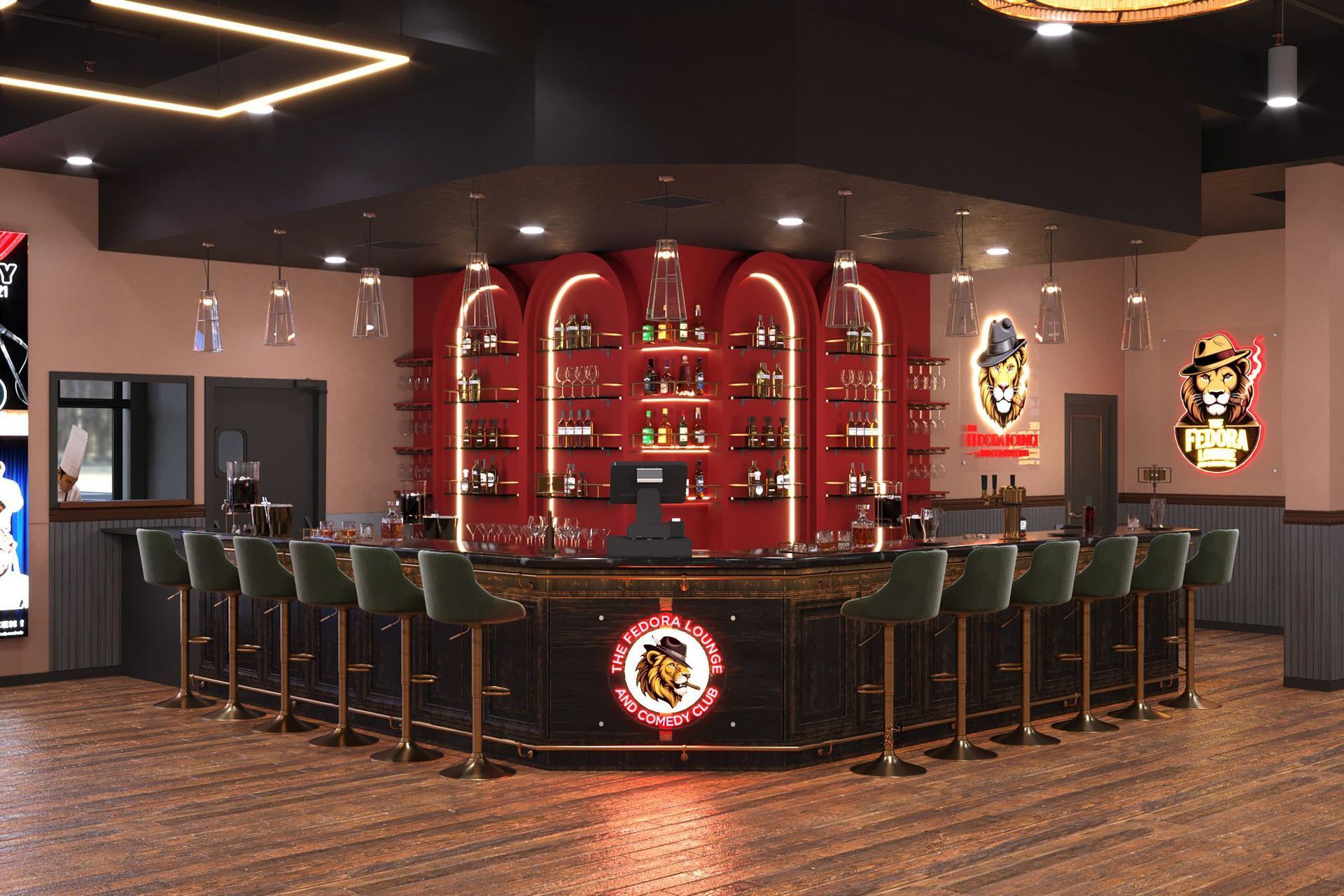 A bar with green stools and a red-lit liquor display. A circular counter with a logo is surrounded by seats.
