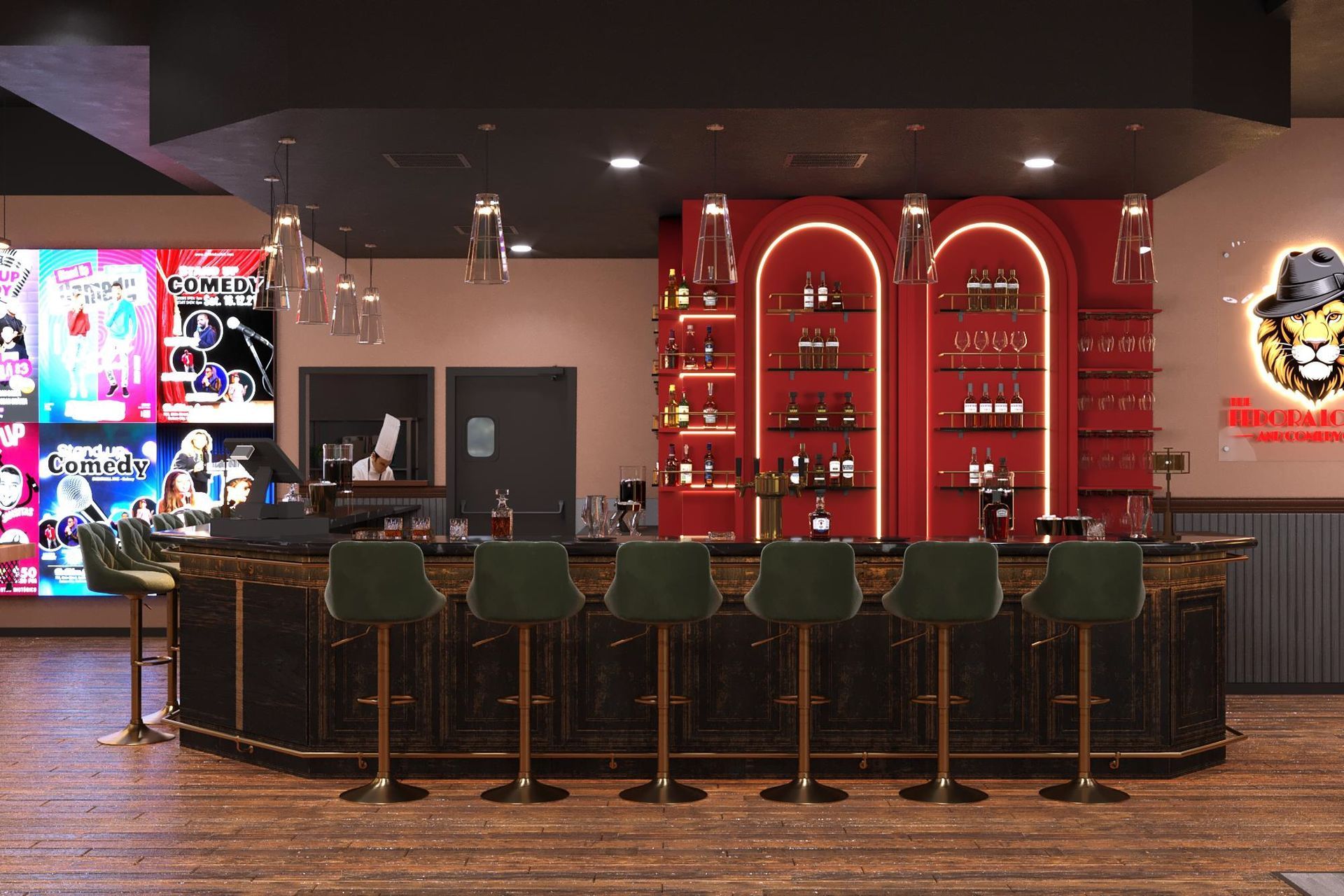 Bar interior with green stools, red shelves holding bottles, and a neon lion sign.