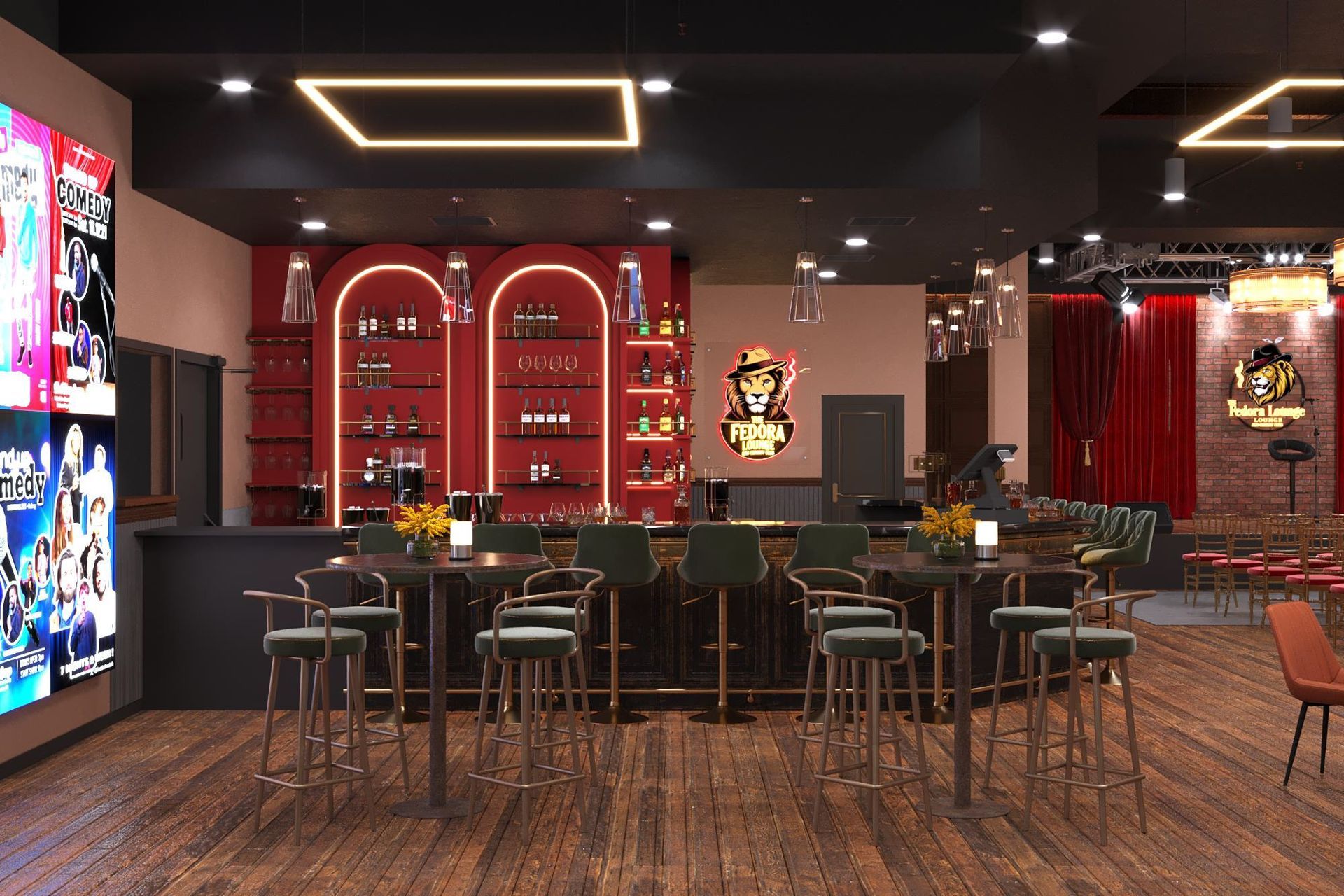 Bar interior with stools, tables, red bar back, stage with curtain, and digital display.